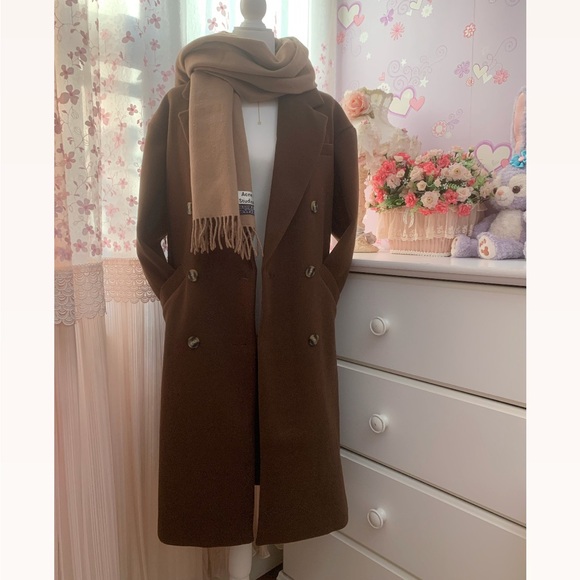 Topshop double breasted long coat in chocolate - Picture 5 of 10